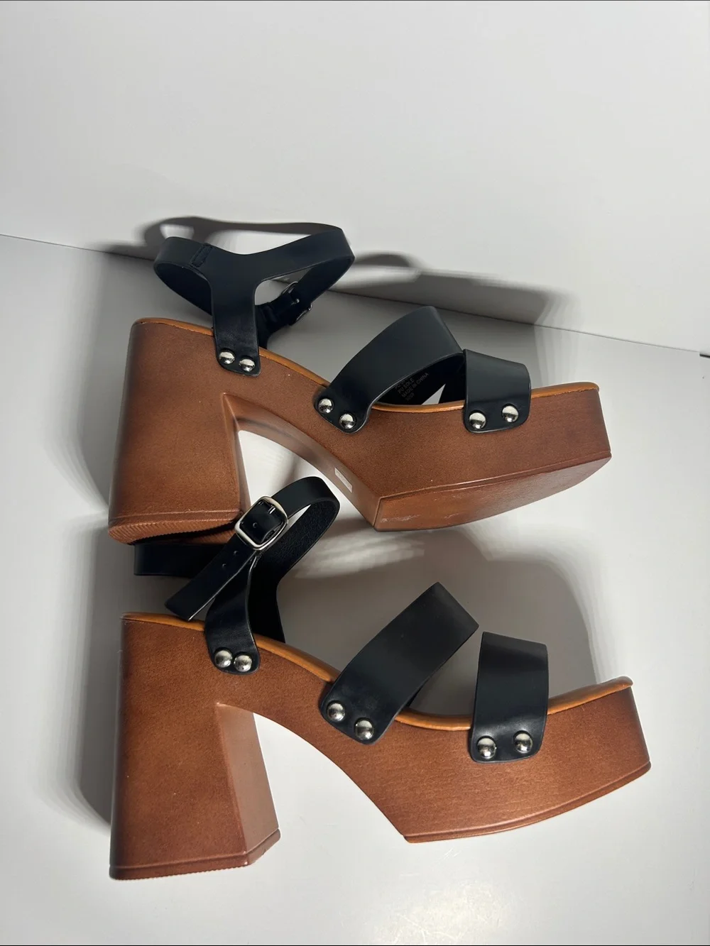 Madden Girl Black Strappy Platform Sandals with Brown Platform